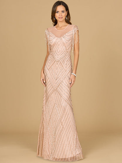 Beaded Fringe Illusion Dress with Cap Sleeves