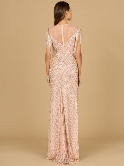 Beaded Fringe Illusion Dress with Cap Sleeves