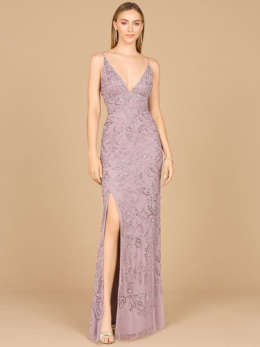 Embellished Gown with Slit And Spaghetti Straps  - OUTLET