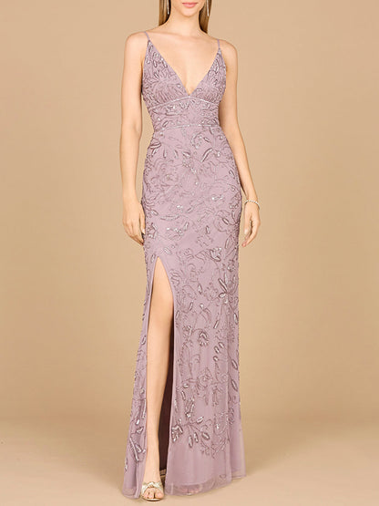 Embellished Gown with Slit And Spaghetti Straps  - OUTLET