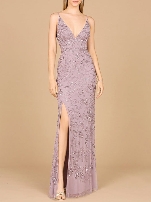 Embellished Gown with Slit And Spaghetti Straps  - OUTLET