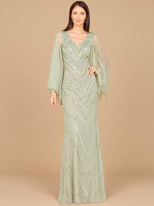 Long Cape Sleeves Beaded Dress  - OUTLET