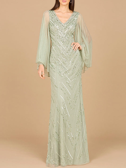 Long Cape Sleeves Beaded Dress  - OUTLET