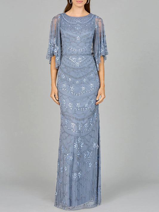 High Neck, Cape Sleeve Beaded Gown  - OUTLET
