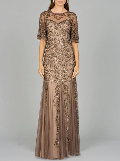Short Sleeve Sheath Beaded Gown