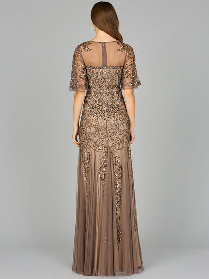Short Sleeve Sheath Beaded Gown