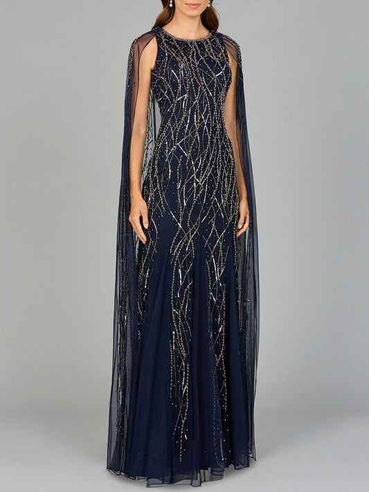 Elegant Beaded Dress with Long Cape
