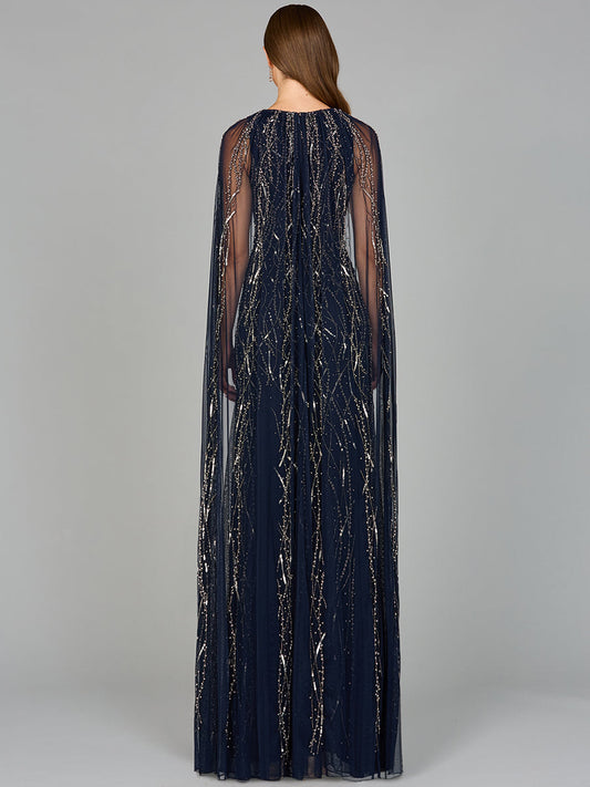 Elegant Beaded Dress with Long Cape