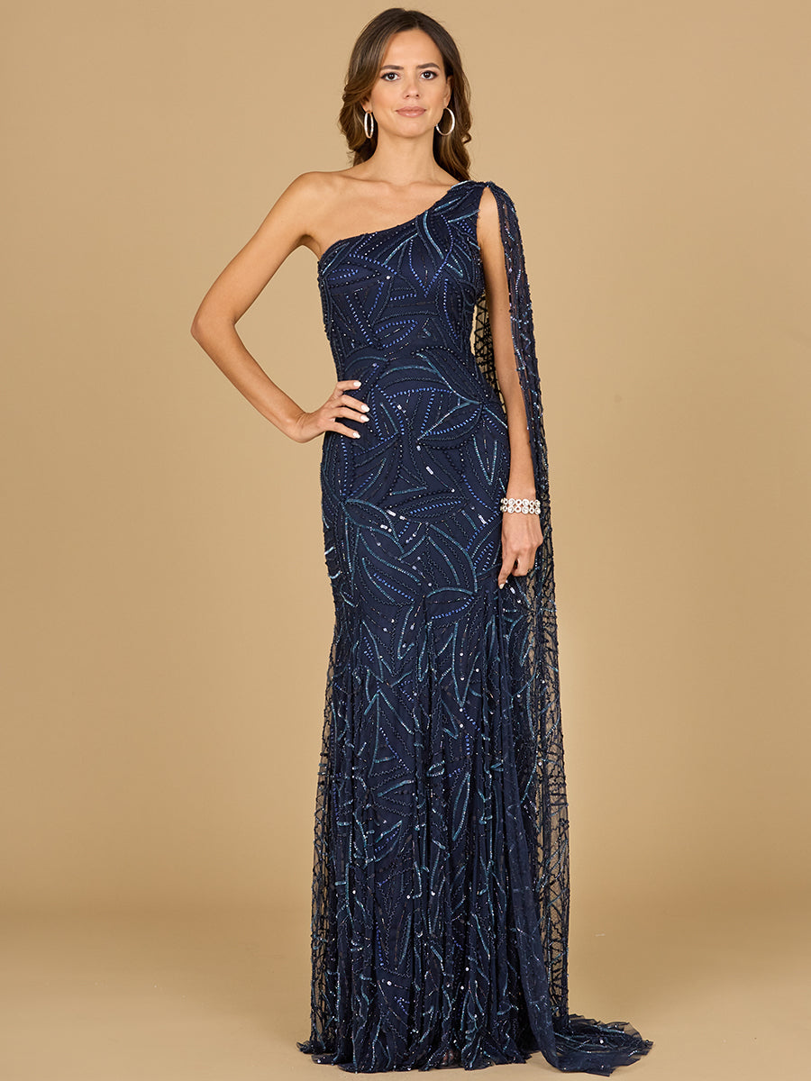 prom dress with shoulder cape One-Shoulder Cape Gown with Elegant Bodice 38864