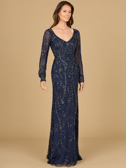 V-Neck Beaded Gown with Sleeves