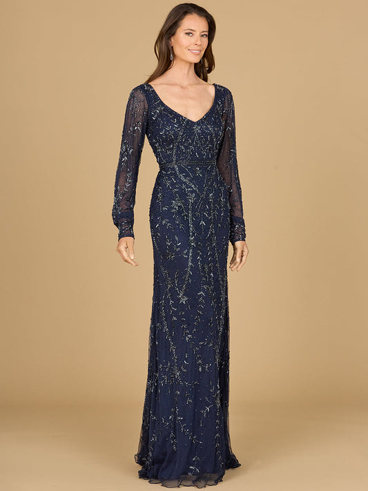 V-Neck Beaded Gown with Sleeves