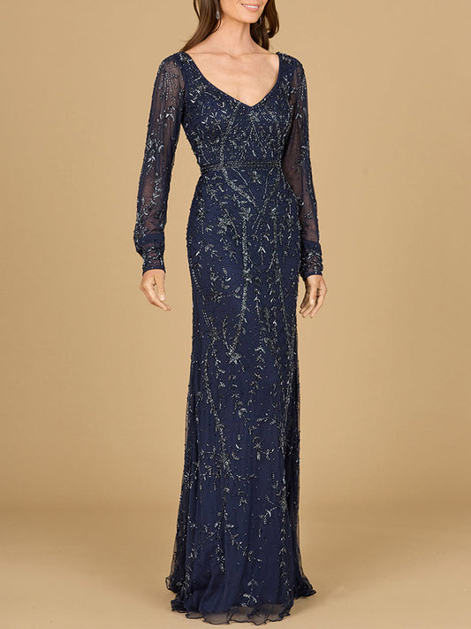 V-Neck Beaded Gown with Sleeves