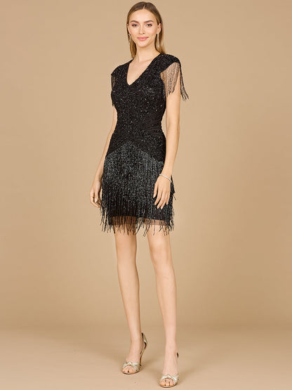 Beaded Fringe Short Dress with Cap Sleeves
