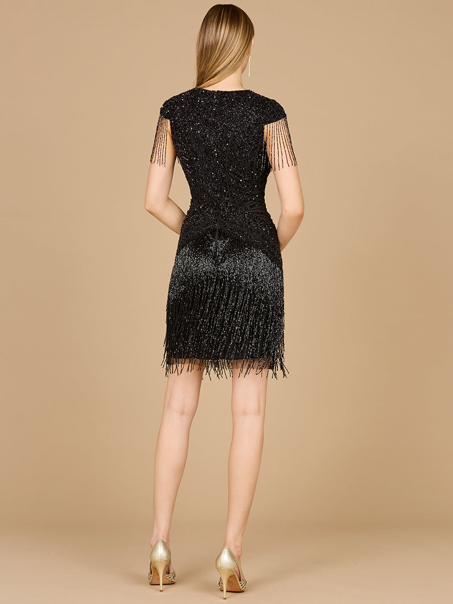 beaded fringe short dress Beaded Fringe Mini Dress: Elegant Long Sleeve V Neckline