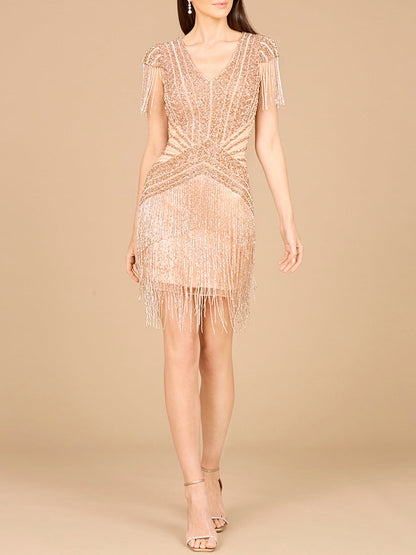 Beaded Fringe Short Dress with Cap Sleeves