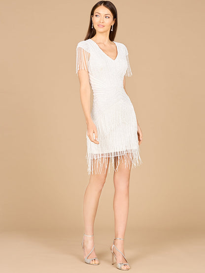 Beaded Fringe Short Dress with Cap Sleeves