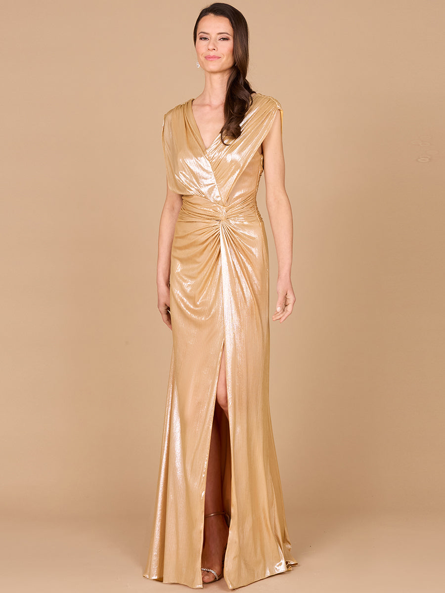 champagne metallic dress Sleeveless Metallic Crinkle Ruffle Gown In Champagne Gold