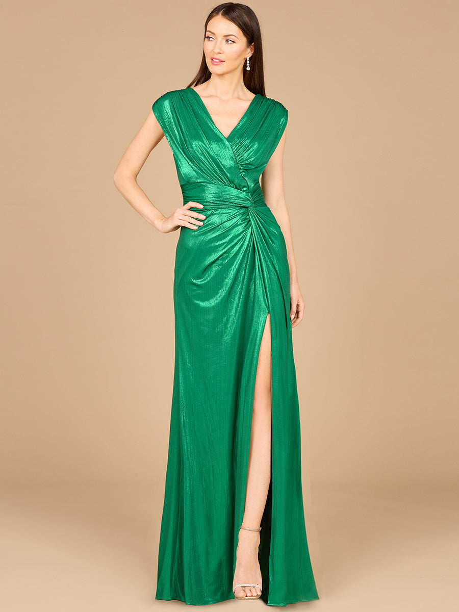 V-Neck Metallic Dress with Slit