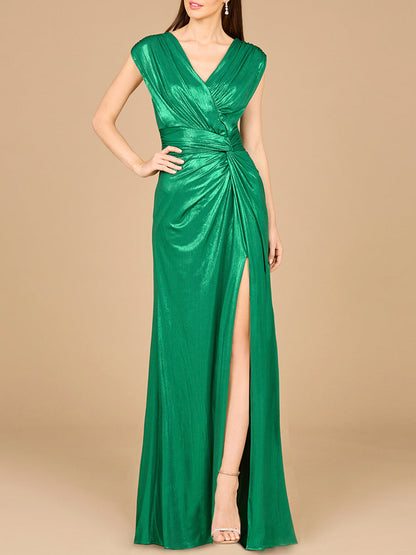 V-Neck Metallic Dress with Slit