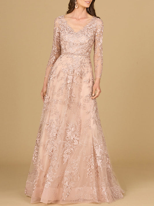 Long Sleeve V-Neck Lace Gown