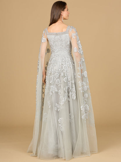 Lace Embroidered Gown with Long Cape Sleeves