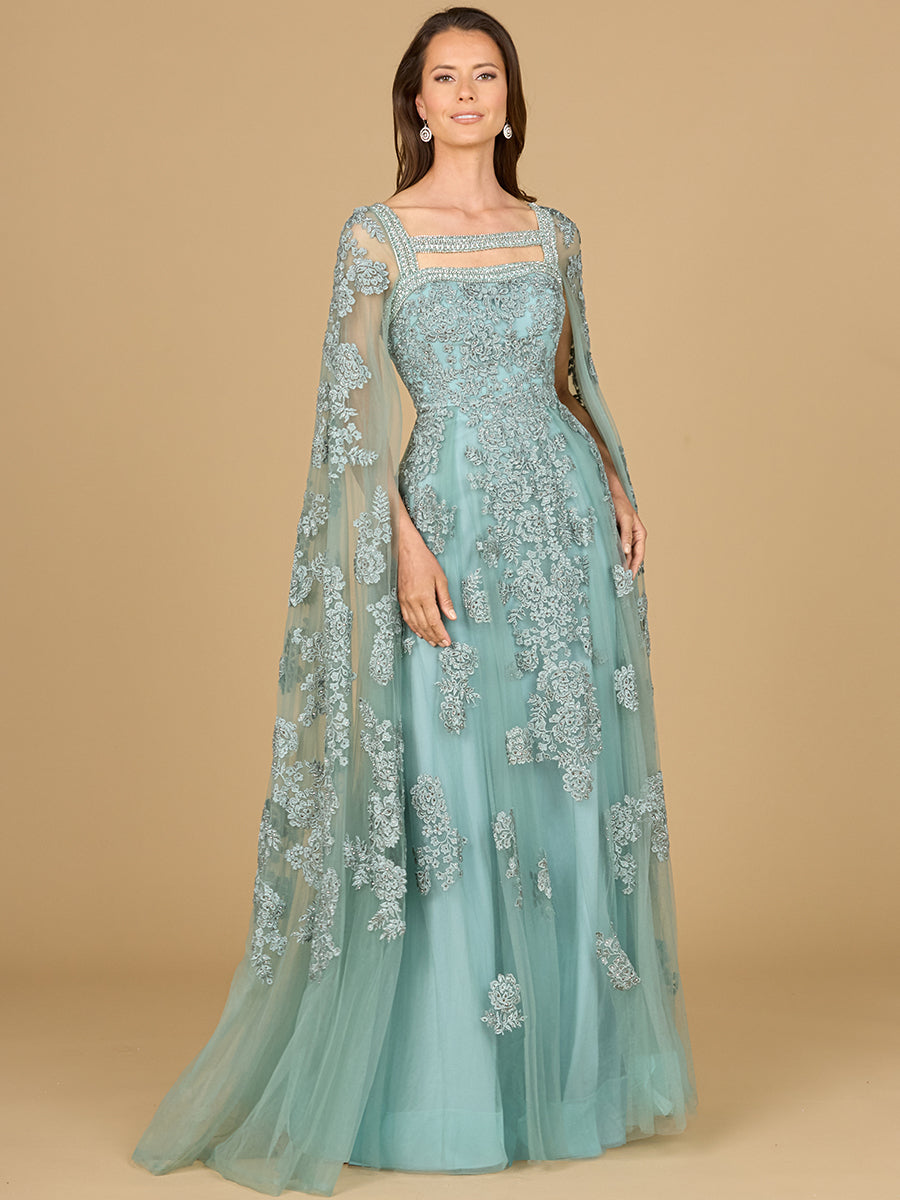 Lace Embroidered Gown with Long Cape Sleeves
