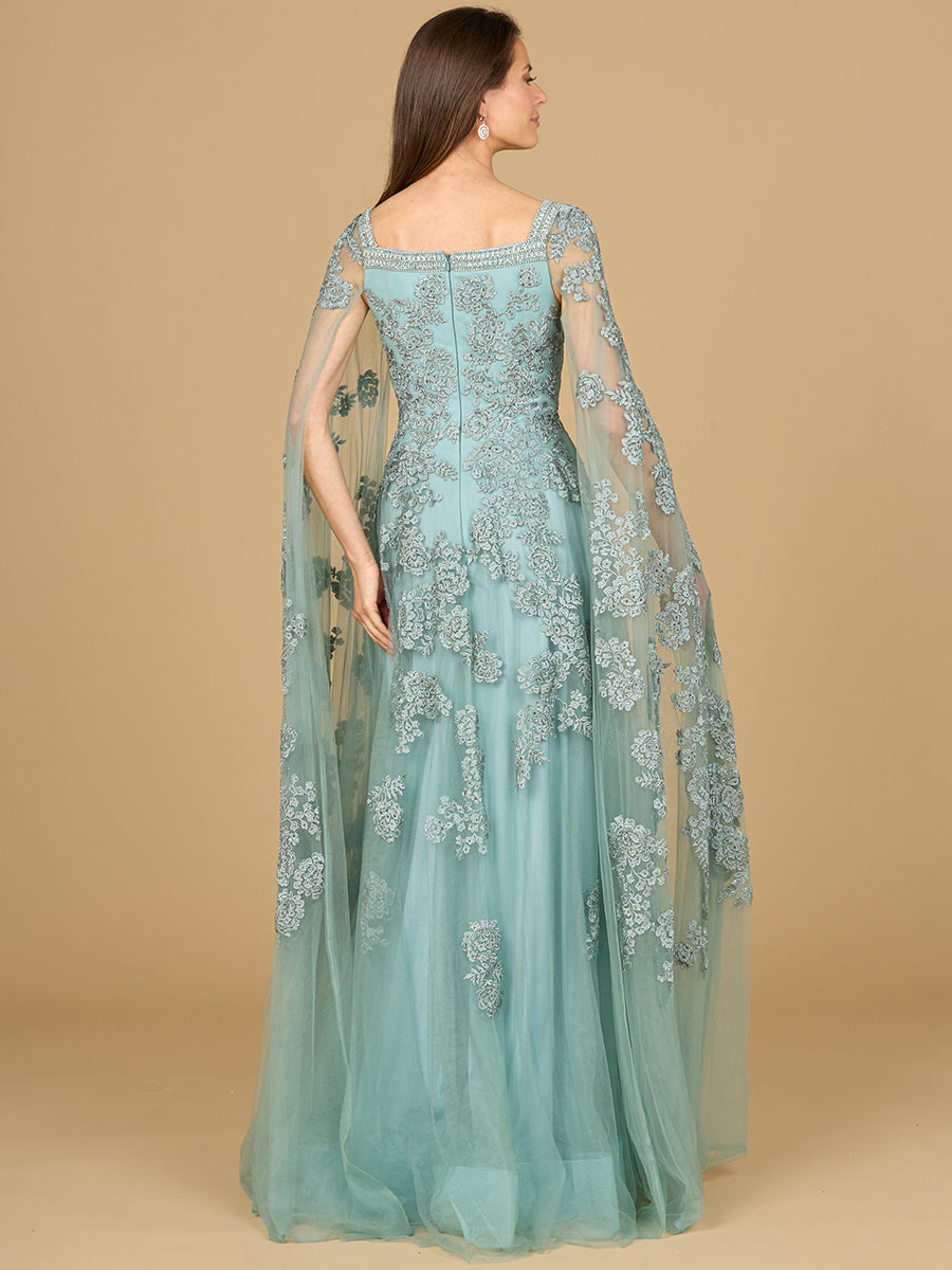 Lace Embroidered Gown with Long Cape Sleeves