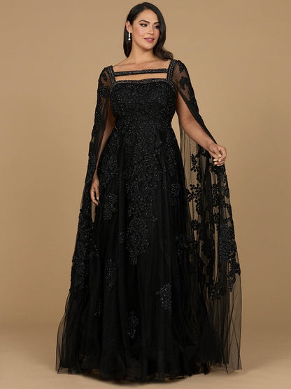 Lace Embroidered Gown with Long Cape Sleeves