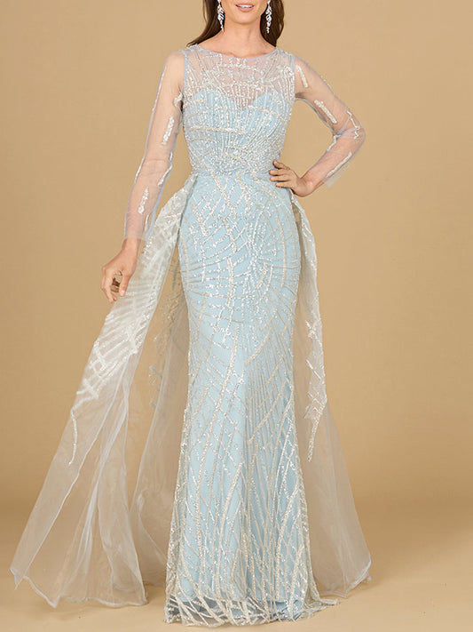 Long Sleeve Lace Gown with Tulle Overskirt