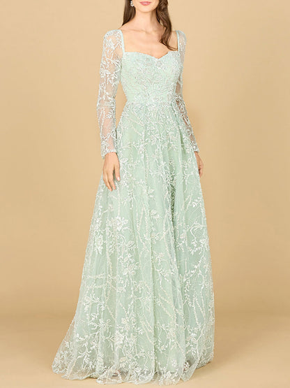 Long Sleeve Beaded Lace Gown