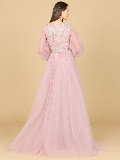 Long Sleeve Lace Gown with Removable Over Skirt