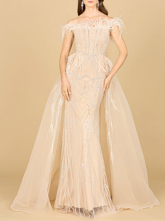 Off Shoulder Gown with Feathers
