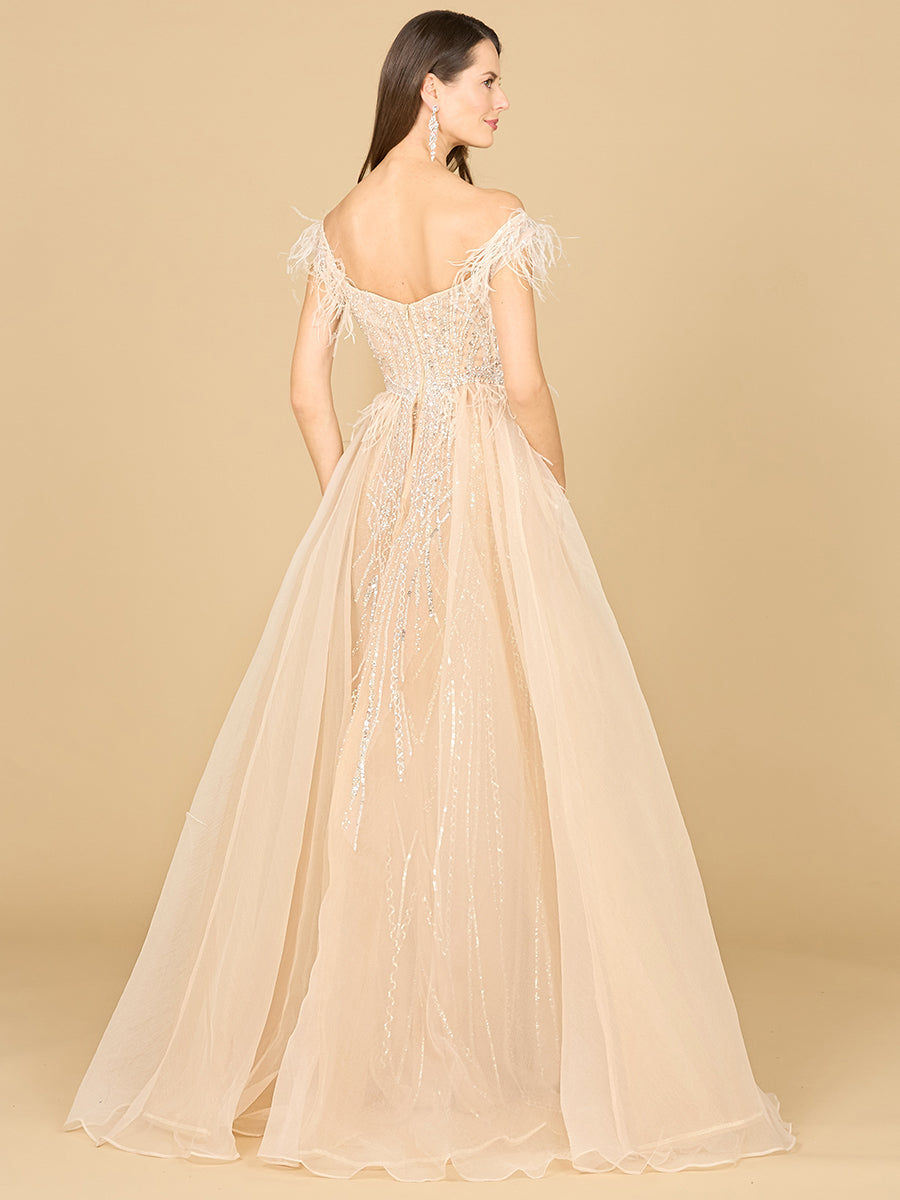 Off Shoulder Gown with Feathers