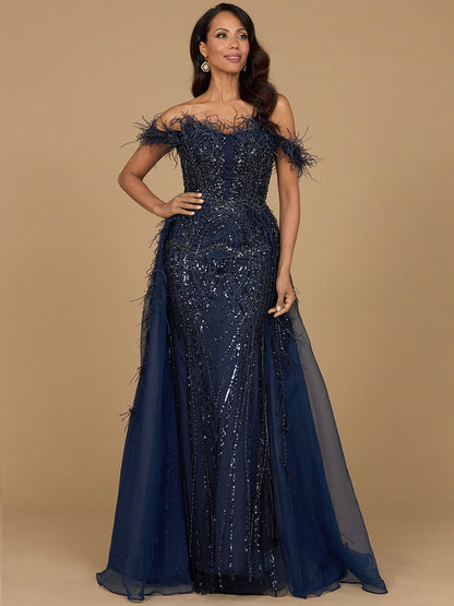 Off Shoulder Gown with Feathers