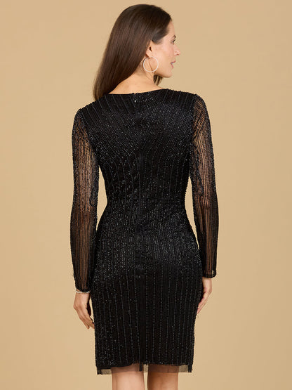 Classic V-Neck Beaded Long Sleeve Cocktail Dress