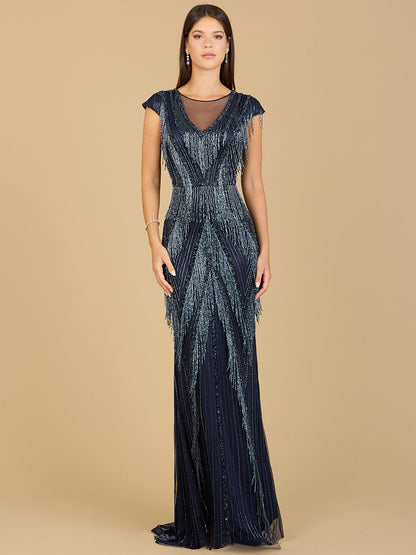 Beaded Fringe V-Neckline Dress with Cap Sleeves