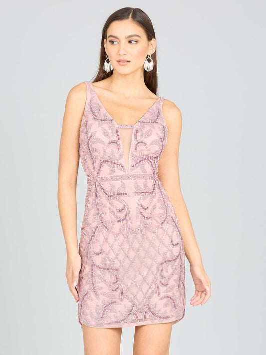 Deep V-Neck Beaded Mini Dress with Low Back