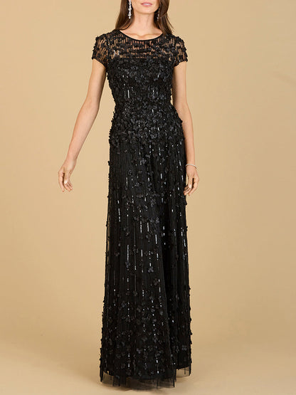 3D Floral Embellished Cap Sleeve Gown