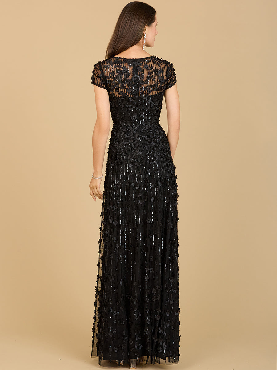 3D Floral Embellished Cap Sleeve Gown
