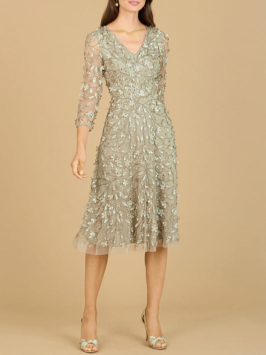 Flowing, 3D Embroidered Midi Dress with Sleeves