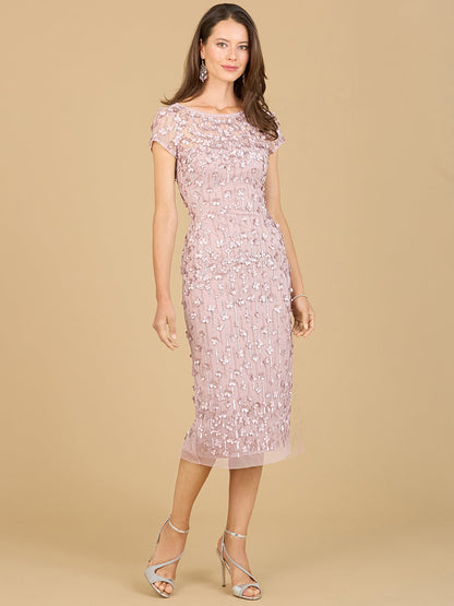 3D Applique Midi Dress with Cap Sleeves