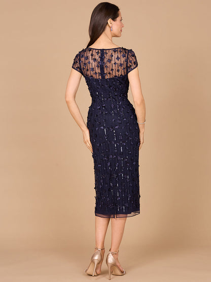 3D Applique Midi Dress with Cap Sleeves
