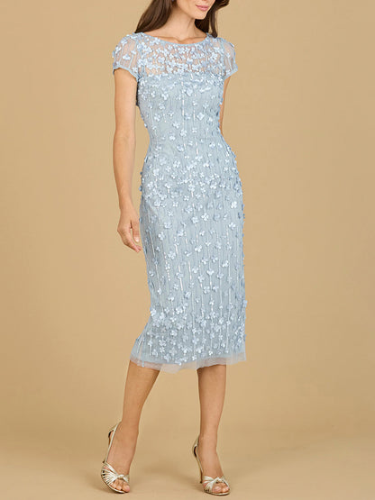 3D Applique Midi Dress with Cap Sleeves