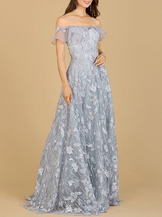 Flutter Off Shoulder Lace Gown