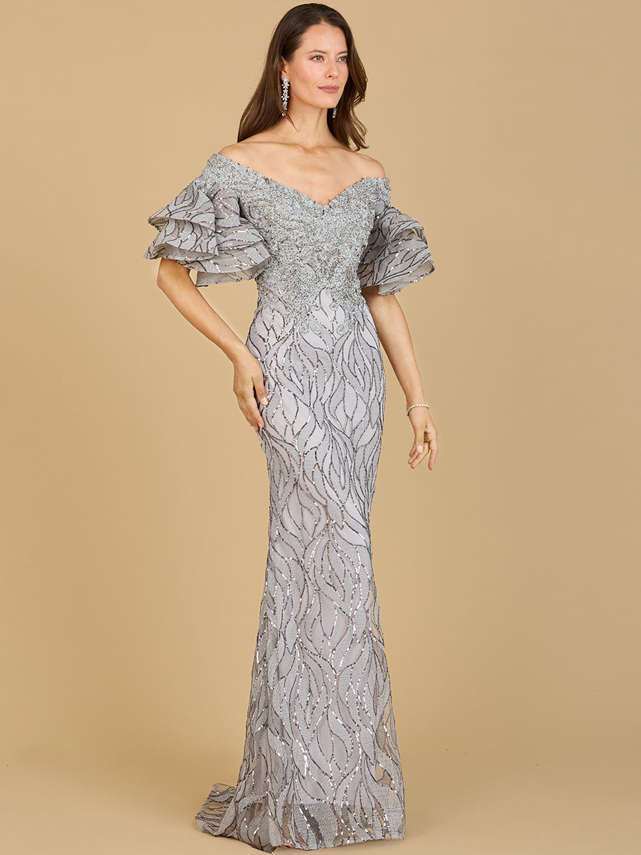 Off Shoulder Mermaid Beaded Gown with Tiered Sleeves