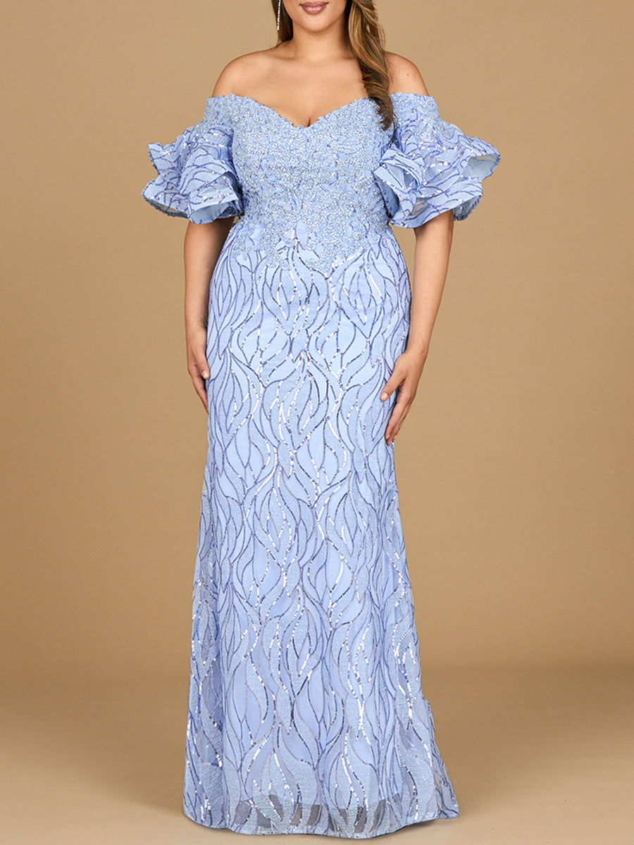 Off Shoulder Mermaid Beaded Gown with Tiered Sleeves