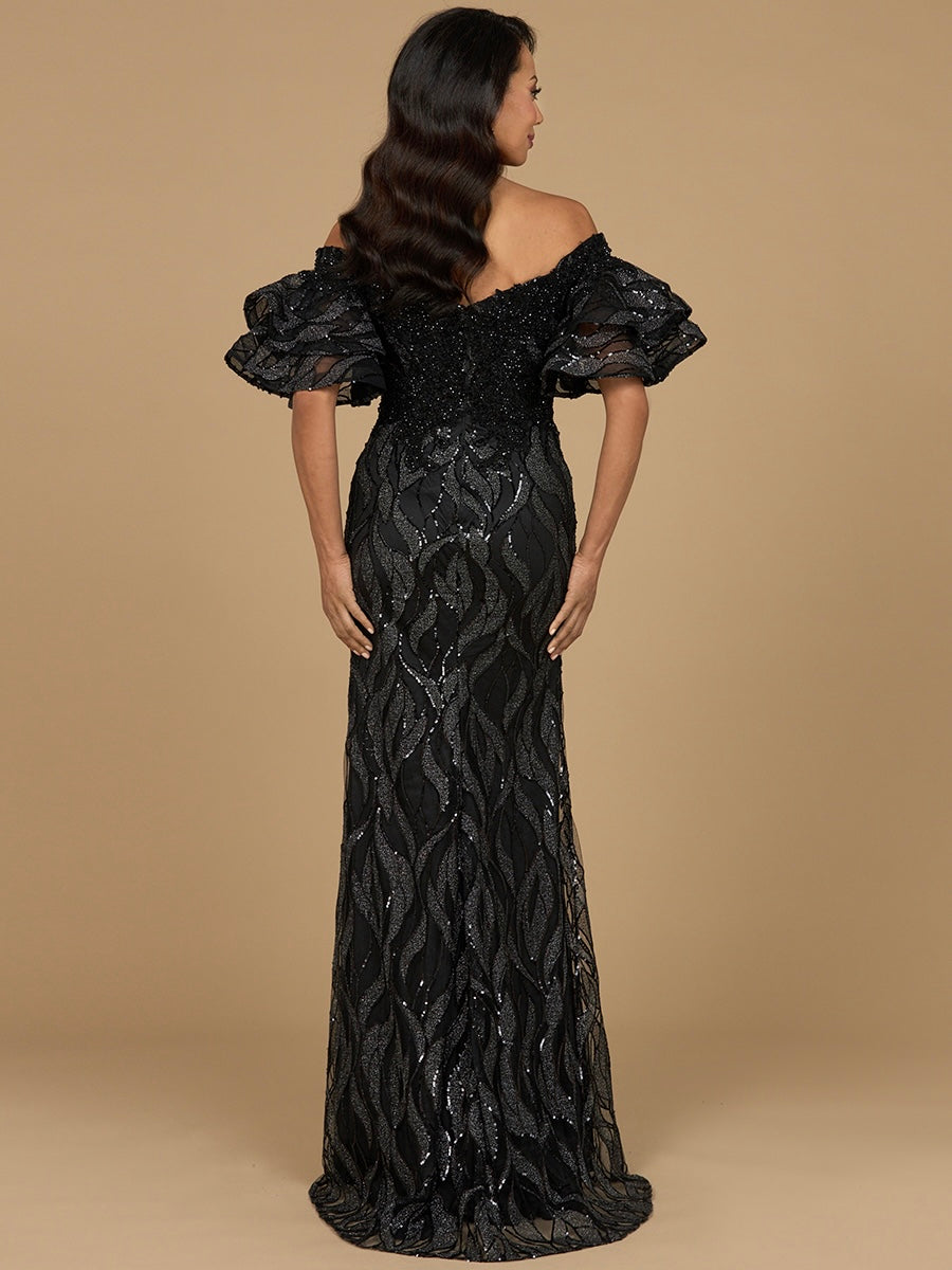 Off Shoulder Mermaid Beaded Gown with Tiered Sleeves