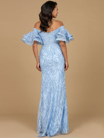Off Shoulder Mermaid Beaded Gown with Tiered Sleeves