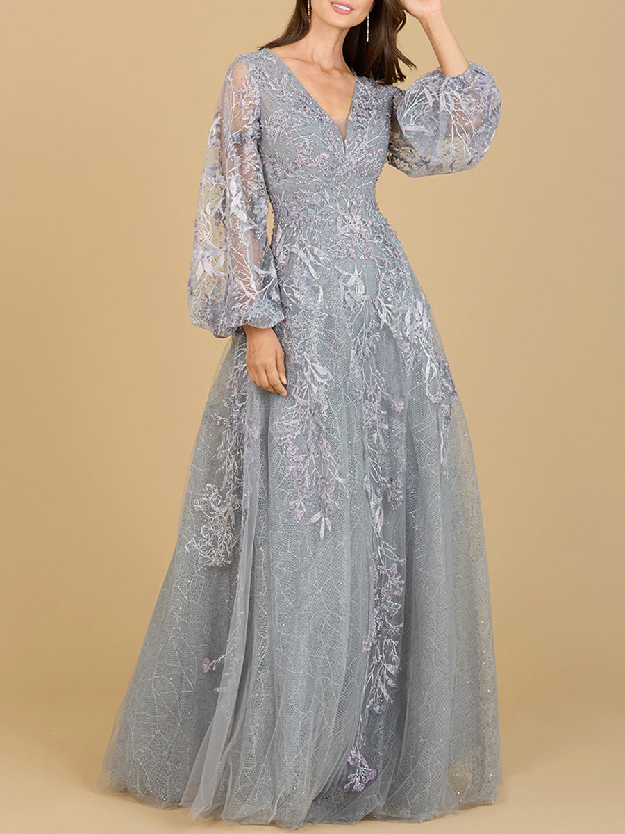 V Neckline Balloon Sleeve Gown