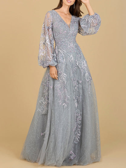 V Neckline Balloon Sleeve Gown